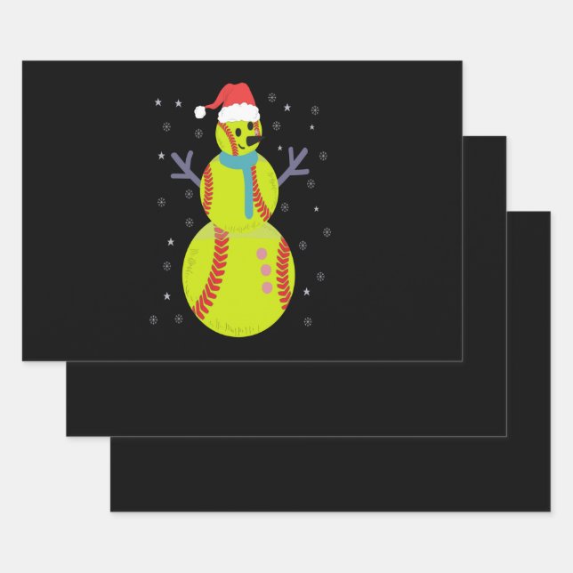 Funny Softball Snowman Christmas New Year Gift Wrapping Paper Sheet (Set)
