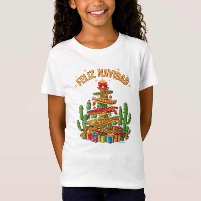 Funny Sombrero Stack Christmas Tree Feliz Navidad T-Shirt (Front)