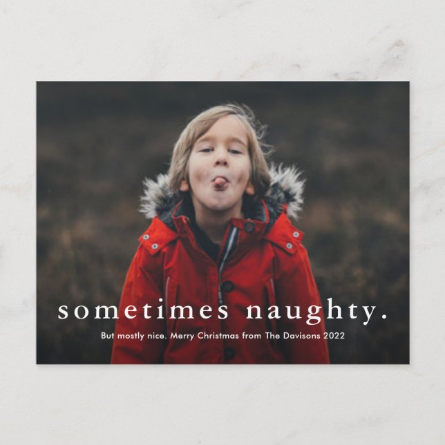 Funny Sometimes Naughty 3 Photo Merry Christmas Holiday Postcard (Front)
