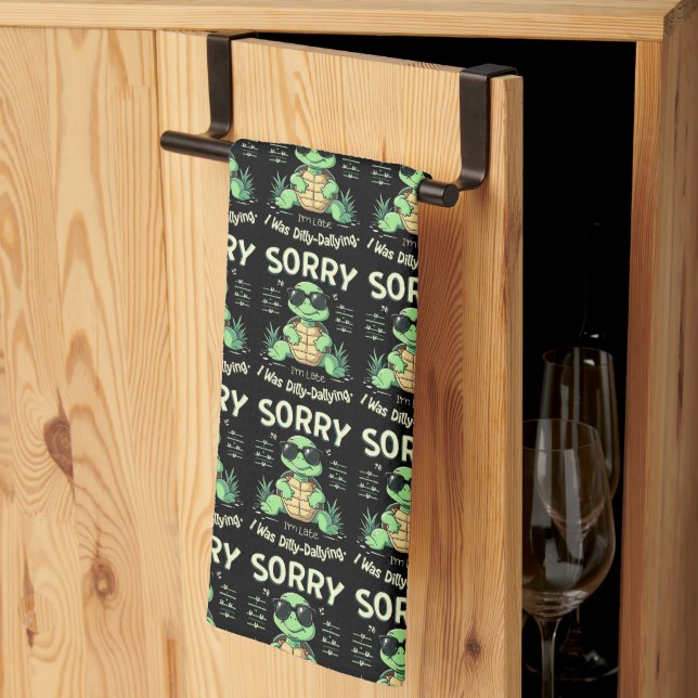Funny Sorry I’m Late Turtle with Retro Aesthetic Tea Towel (Thirds Fold)