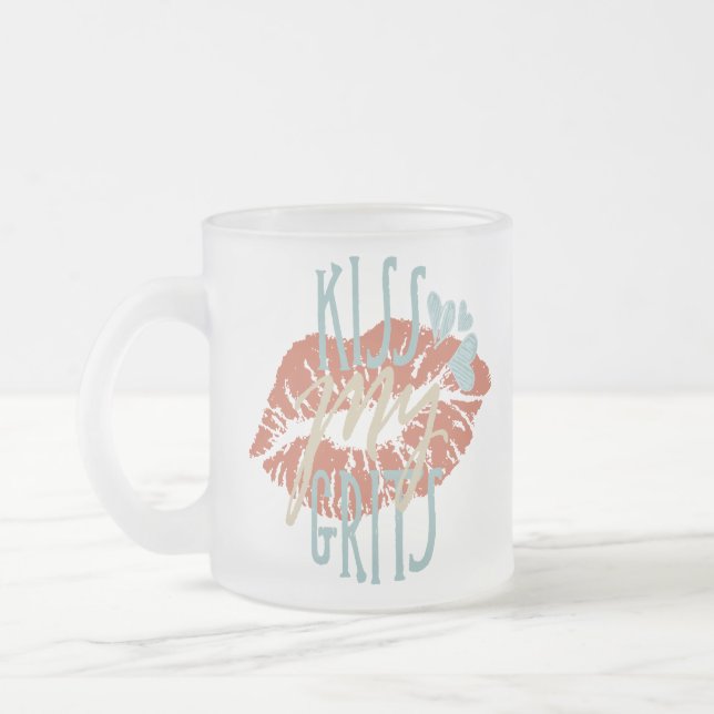 Funny Southern Sayings Kiss My Grits Typography Frosted Glass Coffee Mug (Left)