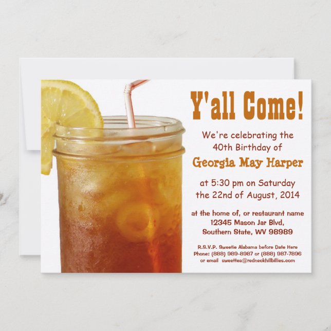 Funny Southern Sweet Tea Birthday Party Invitation (Front)