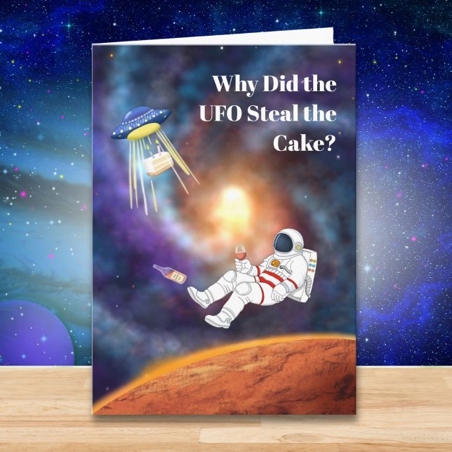 Funny Space Birthday UFO Stealing Cake, Astronaut  Card (Creator Uploaded)