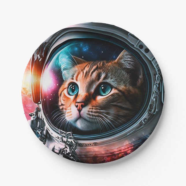 Funny Space Cat Astronaut Kitty Galaxy Universe Paper Plate (Front)
