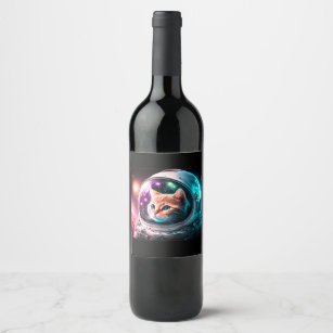 Funny Space Cat Astronaut Kitty Galaxy Universe Wine Label