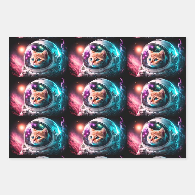 Funny Space Cat Astronaut Kitty Galaxy Universe Wrapping Paper Sheet (Front)