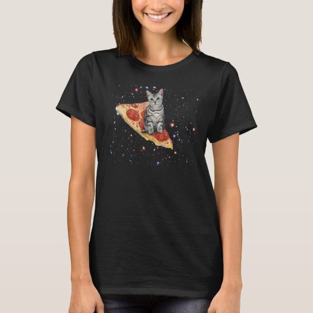 Funny Space Cat on Pizza Galaxy Kitty Pizza Cat in T-Shirt (Front)