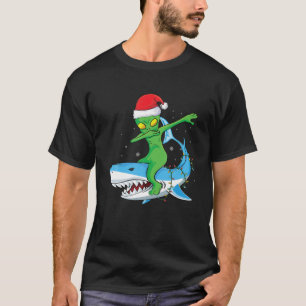 Funny Space gift dabbing alien riding shark Christ T-Shirt