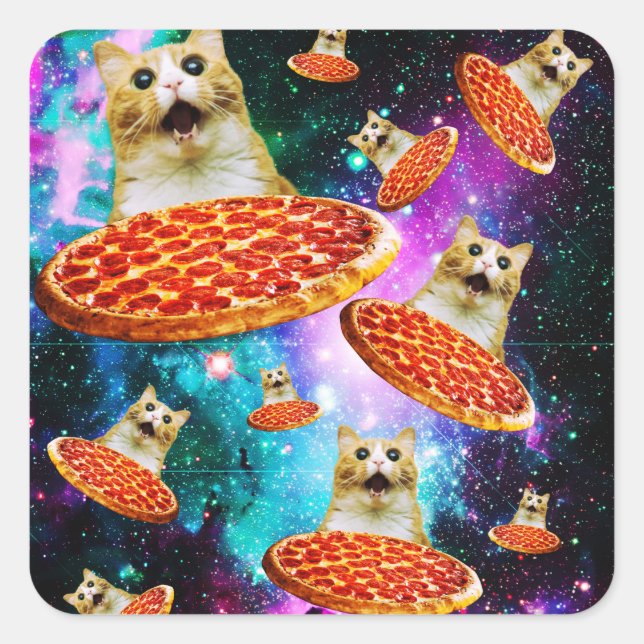 Funny space pizza cat square sticker (Front)