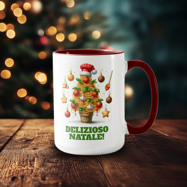 Funny Spaghetti Christmas Tree Delizioso Natale! Mug (Funny Spaghetti Christmas Tree 15oz Two-Tone Mug)