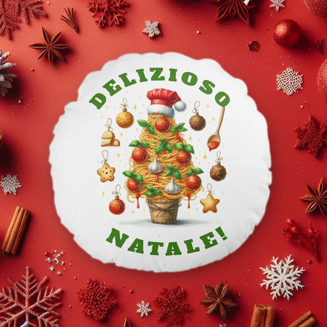 Funny Spaghetti Christmas Tree Delizioso Natale! Round Cushion (Funny Christmas Spaghetti Tree Round Pillow Cover Photo)