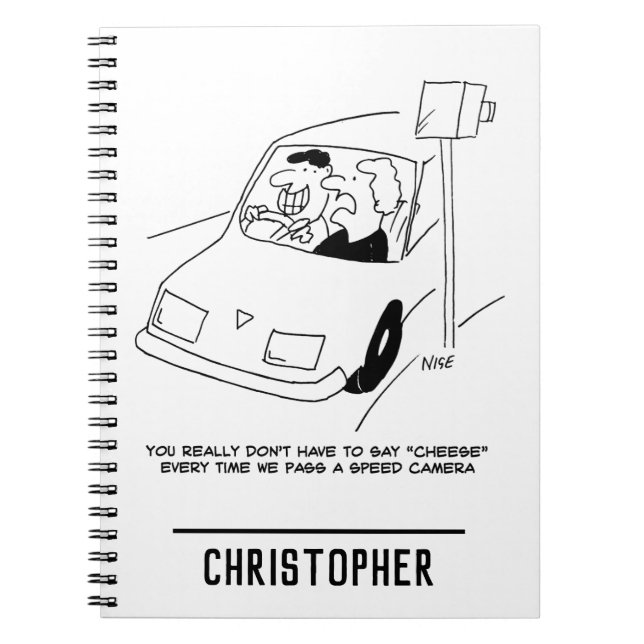Funny Speed Camera Cartoon Shows Man Driving Notebook (Front)