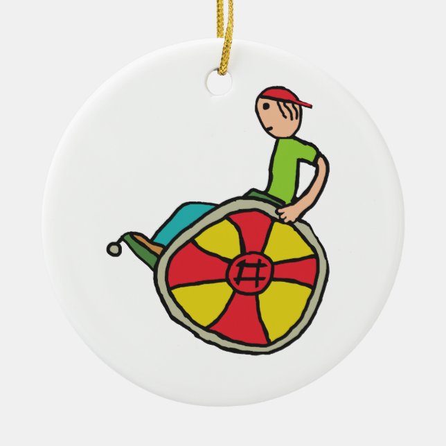 Funny Speedy Wheelchair User Ceramic Tree Decoration (Front)