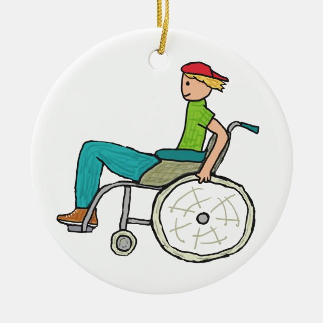 Funny Speedy Wheelchair User Ceramic Tree Decoration (Front)