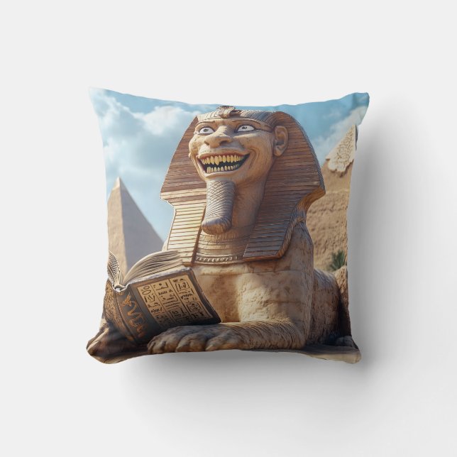 Funny Sphinx Statue Reading Ancient Book in Egypt  Cushion (Front)