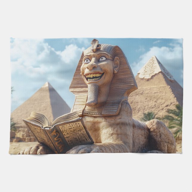 Funny Sphinx Statue Reading Ancient Book in Egypt  Tea Towel (Horizontal)