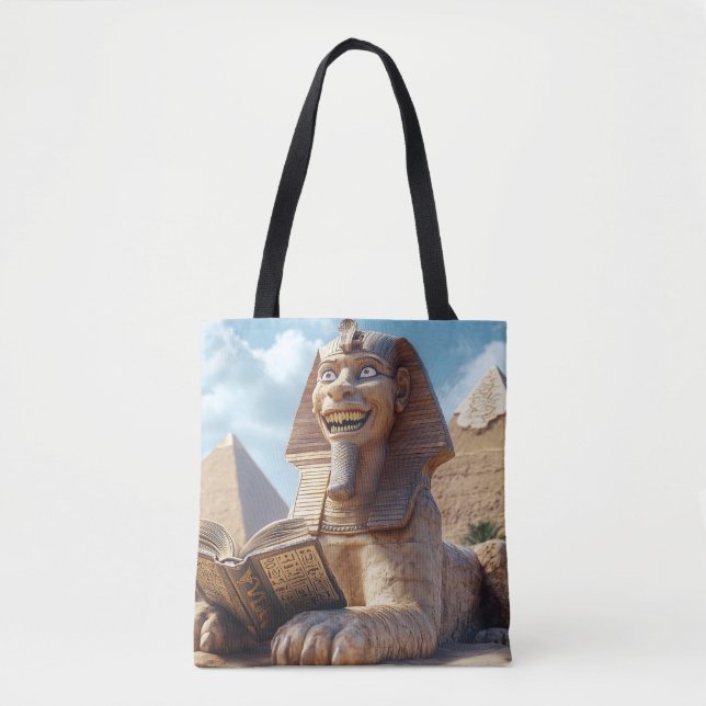 Funny Sphinx Statue Reading Ancient Book in Egypt  Tote Bag (Front)