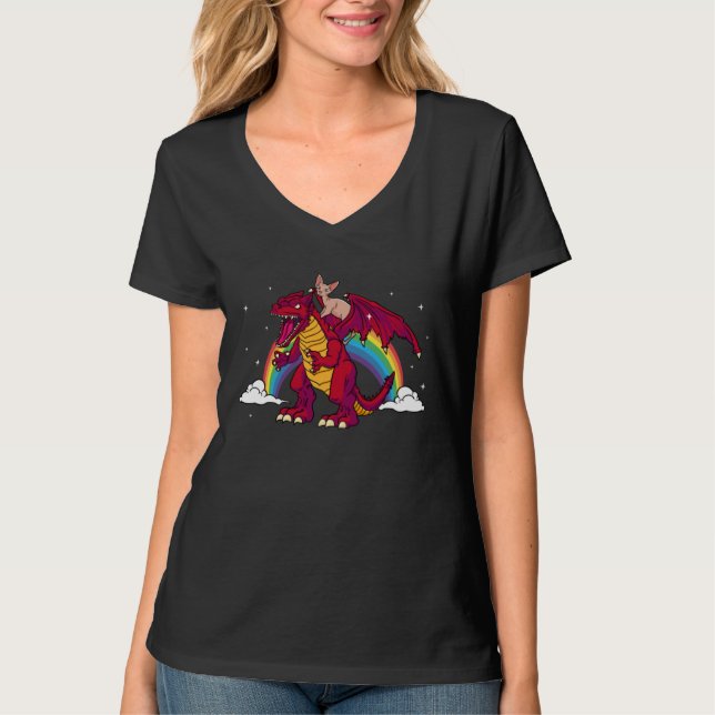 Funny Sphynx Cat Dragon Red Fantasy Animal Rainbow T-Shirt (Front)