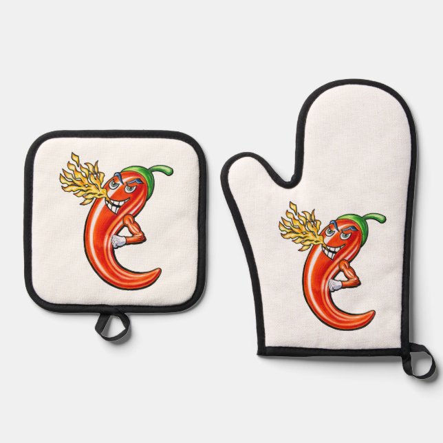 Funny Spicy Chilli On Fire Oven Mitt & Pot Holder Set (Front)