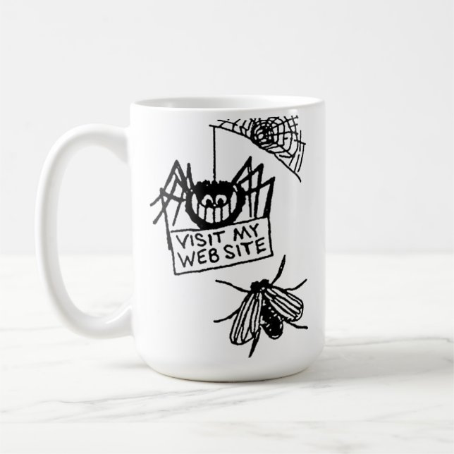 Funny Spider Says Visit My Website Cartoon Coffee Mug (Left)