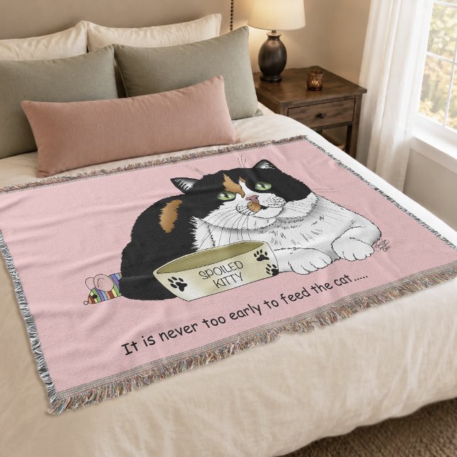 Funny Spoiled Calico Feed Cat Pink Throw Blanket (Creator Uploaded)