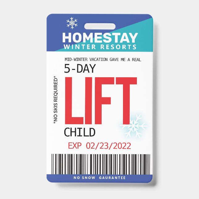 Funny SPOOF Winter Break Custom Ski Lift Ticket ID Badge (Front)