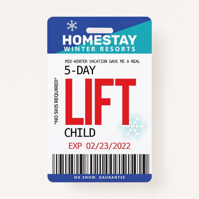 Funny SPOOF Winter Break Custom Ski Lift Ticket ID Badge (Front)