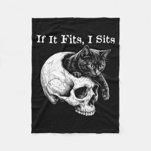 Funny Spooky Cat If I Fits I Sit Skull Meme Fleece Blanket