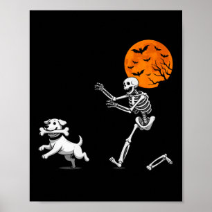 Funny Spooky Humour Halloween Skeleton Chasing Dog Poster