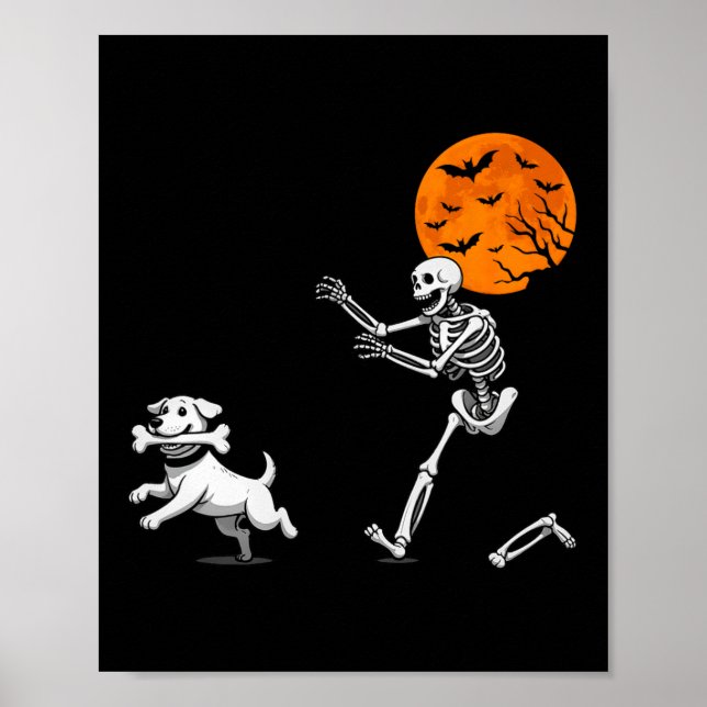 Funny Spooky Humour Halloween Skeleton Chasing Dog Poster (Front)
