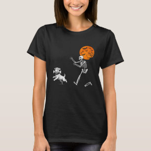 Funny Spooky Humour Halloween Skeleton Chasing Dog T-Shirt