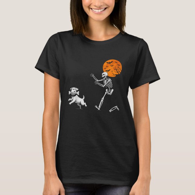 Funny Spooky Humour Halloween Skeleton Chasing Dog T-Shirt (Front)