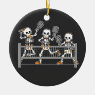 Funny Spooky Three Skeleton Playin Pickleball Gift Ceramic Tree Decoration