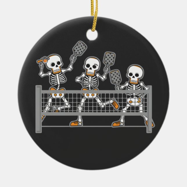Funny Spooky Three Skeleton Playin Pickleball Gift Ceramic Tree Decoration (Front)