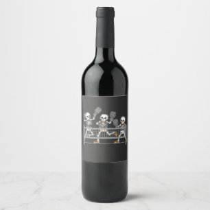 Funny Spooky Three Skeleton Playin Pickleball Gift Wine Label