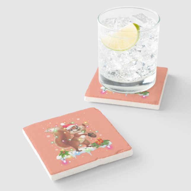 Funny Squirrel Christmas Decorations Santa Hat Xma Stone Coaster (Side)