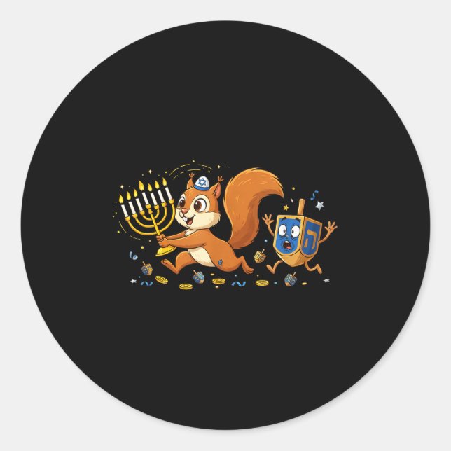Funny Squirrel Dreidel Menorah Hanukkah Kids Women Classic Round Sticker (Front)