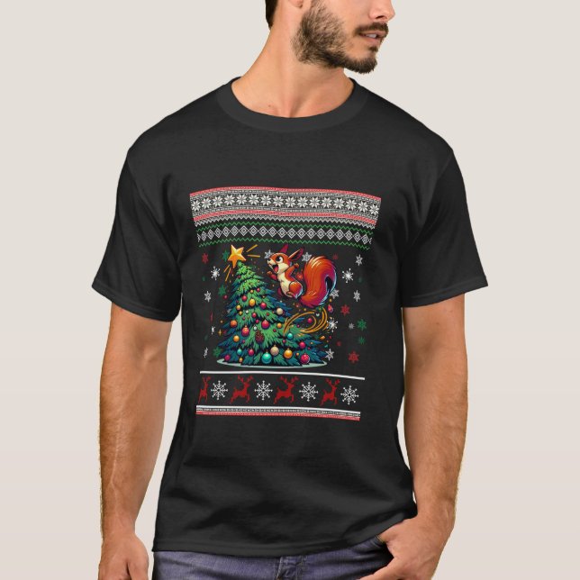 Funny Squirrel Ugly Christmas Tree Jumper Snowflak T-Shirt (Front)