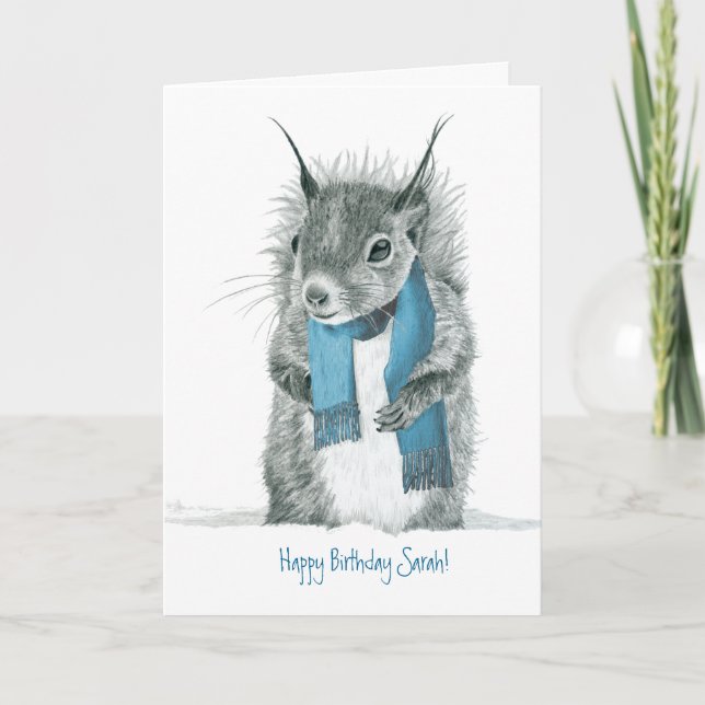 Funny Squirrel Wearing Blue Scarf Greeting Card (Front)