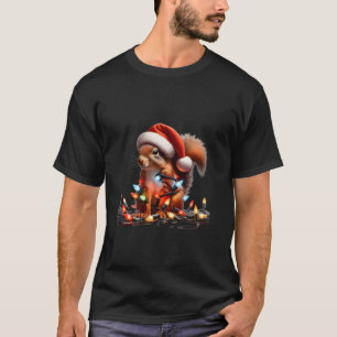 Funny Squirrel With Xmas Lights Santa Hat Christma T-Shirt