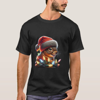 Funny Squirrel With Xmas Lights Santa Hat Christma T-Shirt