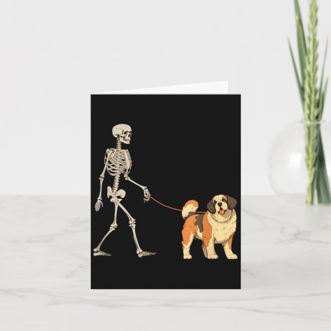 Funny St Bernard Skeleton Dog Walking Halloween Card (Front)