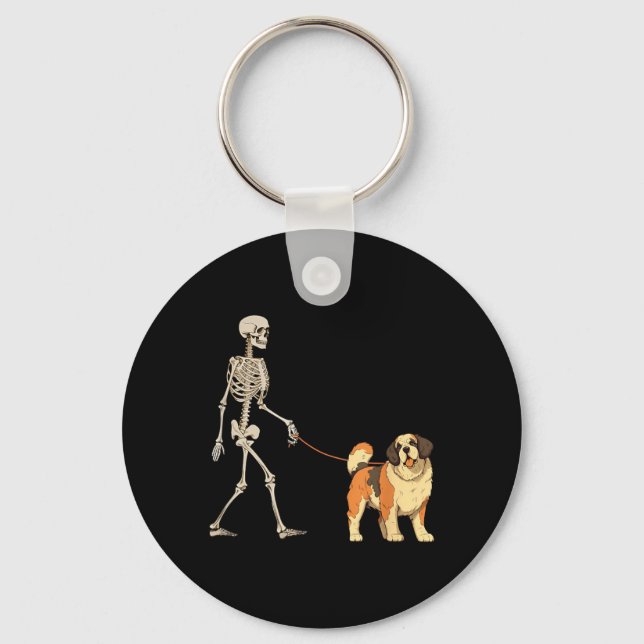 Funny St Bernard Skeleton Dog Walking Halloween Key Ring (Front)