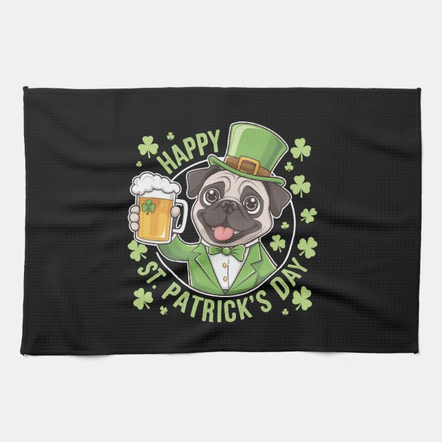 Funny St. Patrick’s Day Pug with Beer Mug Tea Towel (Horizontal)