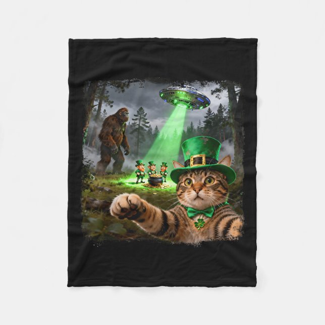 Funny st patricks cat alien bigfoot lucky  fleece blanket (Front)
