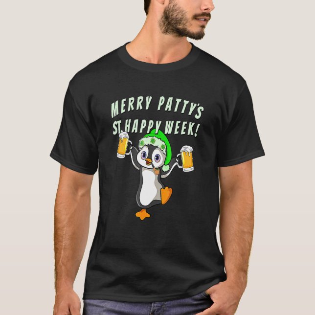 Funny St Patricks Day Party Penguin Drinking T-Shirt (Front)