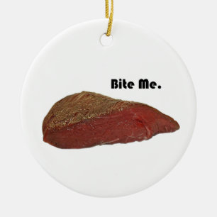Funny Steak Cartoon, “Bite Me” Meat Pun Design Ceramic Tree Decoration