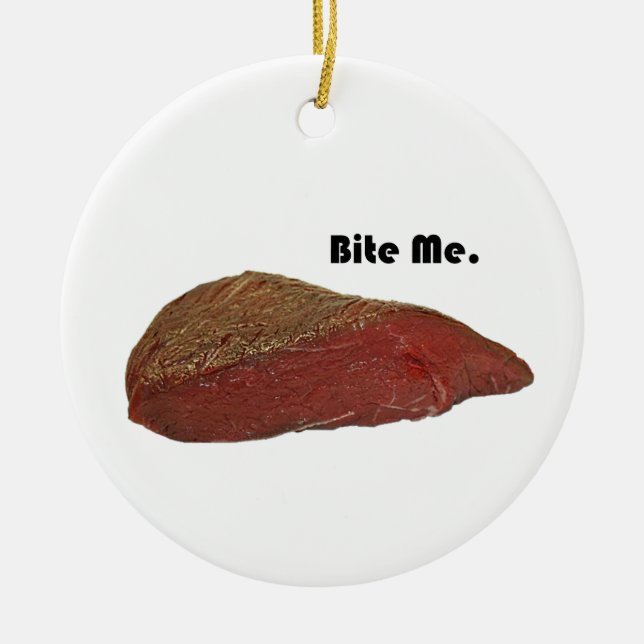 Funny Steak Cartoon, “Bite Me” Meat Pun Design Ceramic Tree Decoration (Front)