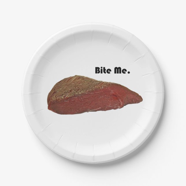 Funny Steak Cartoon, “Bite Me” Meat Pun Design Paper Plate (Front)