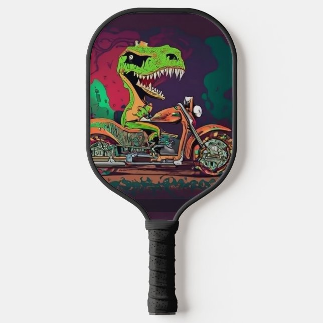 Funny Steam Punk T-rex on Motorcycle Pickleball Paddle (Front)